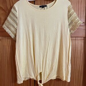 Divided Pale Yellow Crochet Sleeve Tie-Front Tee